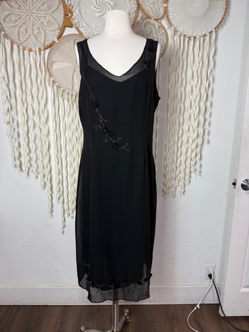 Johnny Was Black Silk Organza Midi Dress with Rosettes and Beaded Accents Size L